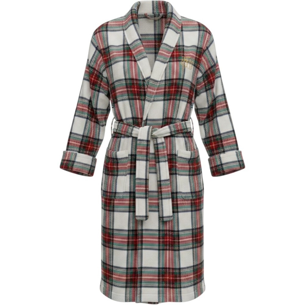 Lauren Ralph Lauren Fleece Robe Women M Red Green Plaid Gold Monogram Holiday